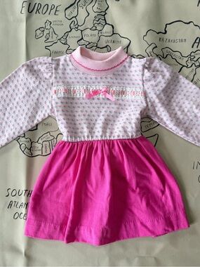 Vintage Health-tex Pink Knit Dress with Multicolor Accents and Tie Waist